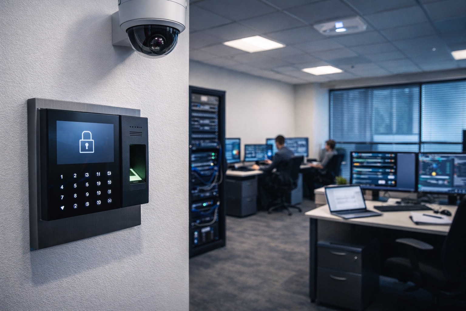 Security camera and access control keypad in a commercial office monitoring room
