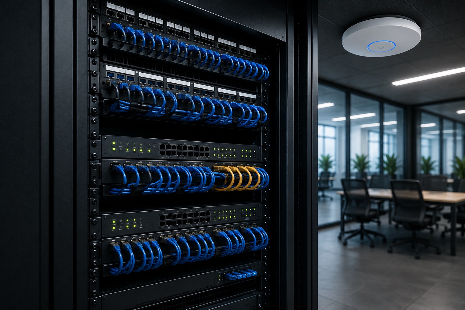 Network server rack with structured cabling alongside a Wi-Fi access point in an office