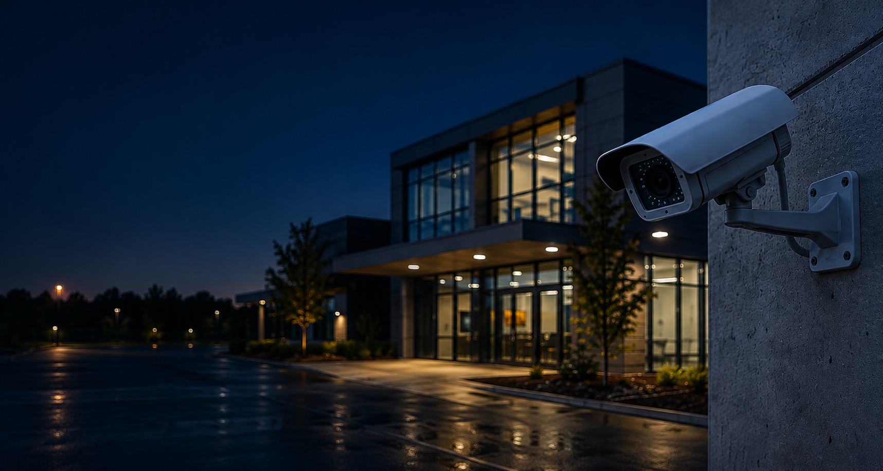 Security camera mounted outside a commercial building at dusk