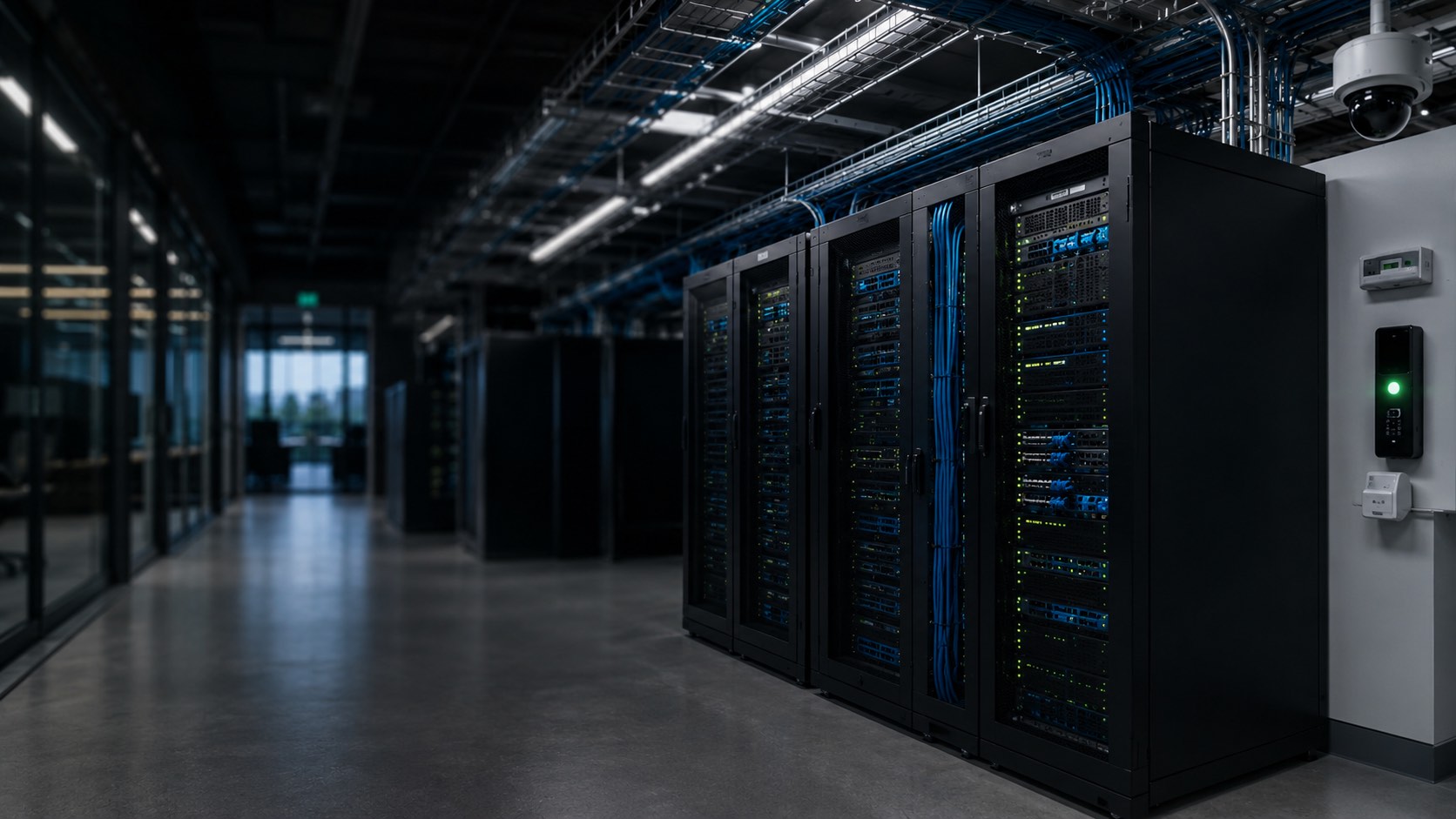 Corridor of server racks representing centralized, multi-site infrastructure